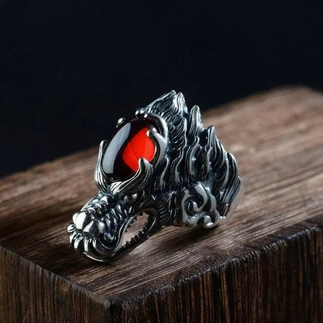 BAGUE DRAGON PIERRE ROUGE - Viking Héritage