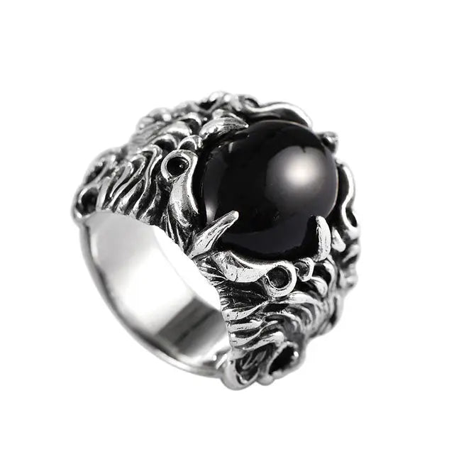 BAGUE LOUP PIERRE NOIR ARGENT.925 - Viking Héritage