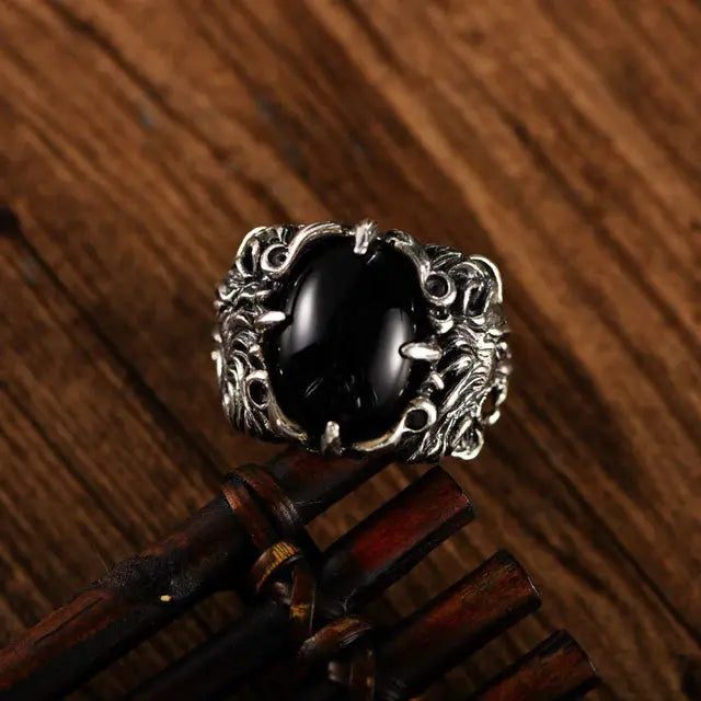 BAGUE LOUP PIERRE NOIR ARGENT.925 - Viking Héritage