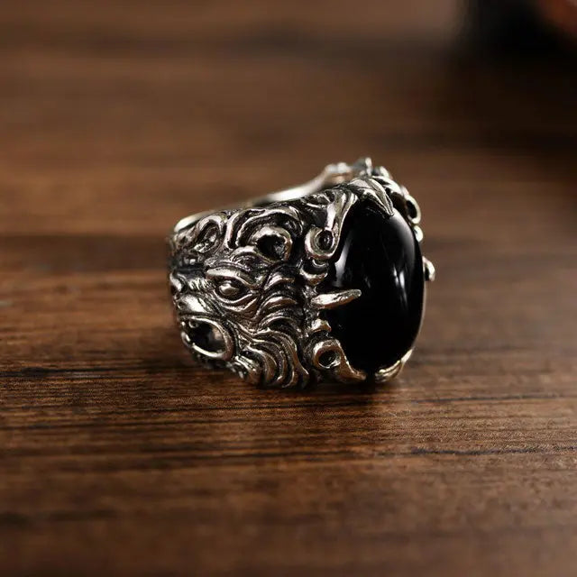 BAGUE LOUP PIERRE NOIR ARGENT.925 - Viking Héritage