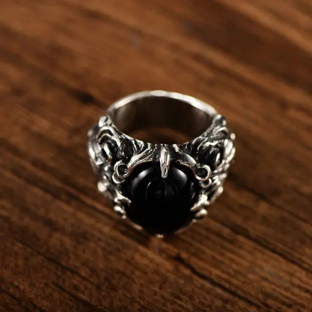 BAGUE LOUP PIERRE NOIR ARGENT.925 - Viking Héritage